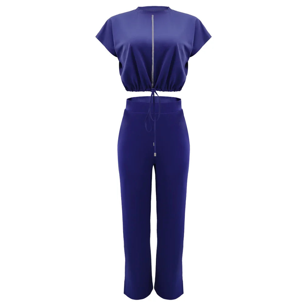 Women Casual Round Neck Drawstring Short Sleeve Top & High Waist Pants Set Summer Solid Two Piece Suit Sets Outfits Set Female