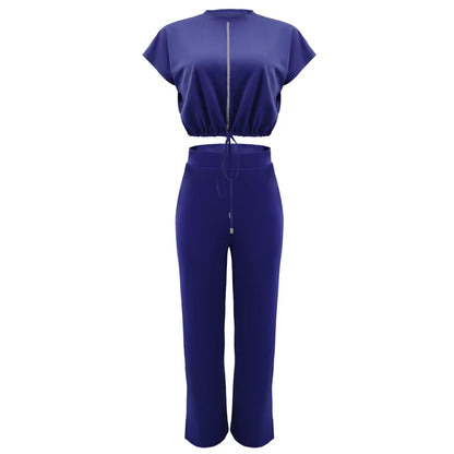 Women Casual Round Neck Drawstring Short Sleeve Top & High Waist Pants Set Summer Solid Two Piece Suit Sets Outfits Set Female