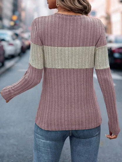 Women Tops Knitted Round Neck Full Sleeve Slim Fit Casual Regular Top Splice Tees Pleated Elegant T Shirts Autumn 2024