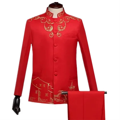 New Men Standing Collar Embroidered Suit 2 Piece Fashion Male Business Social Wedding Prom Stage Performance Dress Blazer Pant