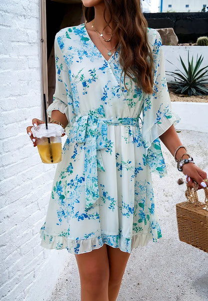 Spring Summer New Women Dress Fashion Elegant Printed Strappy Lace-Up V-neck Fairy Skirt Female Girls Gathering Party Date Dress