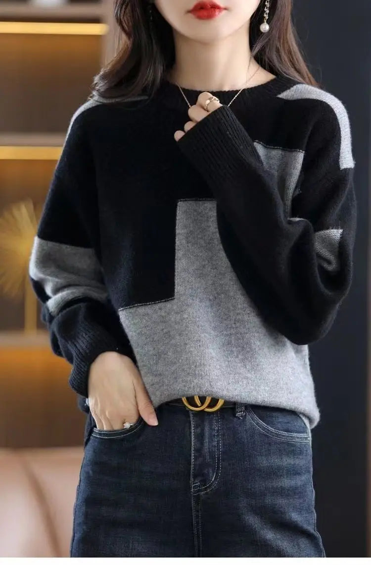 Autumn Winter Contrast Color Pullover Sweater Lady Loose Casual Fashion All-match Knitting Jumpers Ladies Oversized Bottomed Top