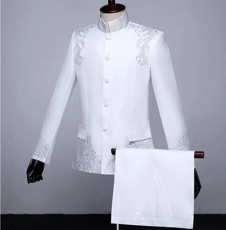 New Men Standing Collar Embroidered Suit 2 Piece Fashion Male Business Social Wedding Prom Stage Performance Dress Blazer Pant