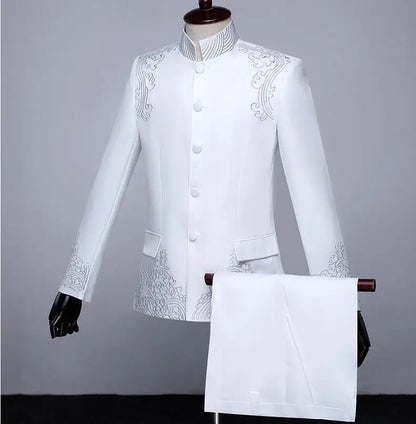 New Men Standing Collar Embroidered Suit 2 Piece Fashion Male Business Social Wedding Prom Stage Performance Dress Blazer Pant