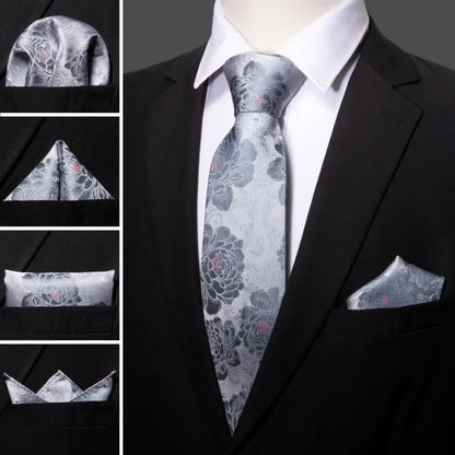 Barry.Wang Black White Gray Silver Silk Men Tie Handkerchief Cufflinks Set Jacquard Necktie for Male Wedding Business Party Gift