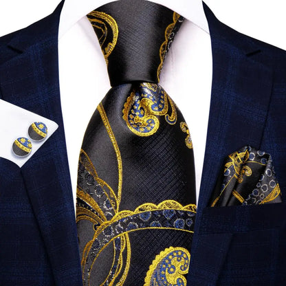 Hi-Tie Psialey Black Gold Silk Elegant Tie For Men Groom Wedding Men Necktie Pocket Square Cufflink Accessory Wholesale Designer