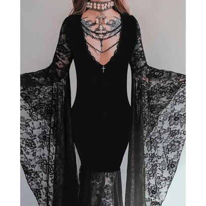 Y2K Goth Floral Lace Mesh Flared Sleeve Bodycon Party Dresses Sexy Vintage Elegant Black Velvet V-Neck Long Dress Partywear