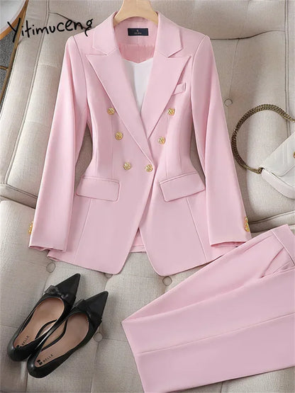 Yitimuceng Elegant Office Ladies Two Piece Sets Womens Outifits 2023 Double Breasted Long Sleeve Blazers Loose Casual Pant Suits