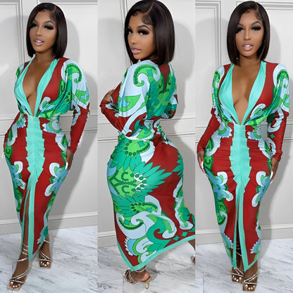 CM.YAYA Women Paisley 3D Printed Stacked Long Sleeve Deep V-neck Bodycon Midi Maxi Long Dress 2023 Evening Sexy Party Dresses