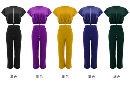 Women Casual Round Neck Drawstring Short Sleeve Top & High Waist Pants Set Summer Solid Two Piece Suit Sets Outfits Set Female