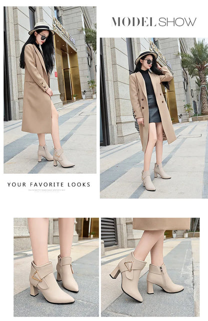 Women's Sexy Heels 2024 Autumn Winter Platform Buckle Pointed Ankle Boots Fashion High Quality Designer Women's Boot Botas Mujer