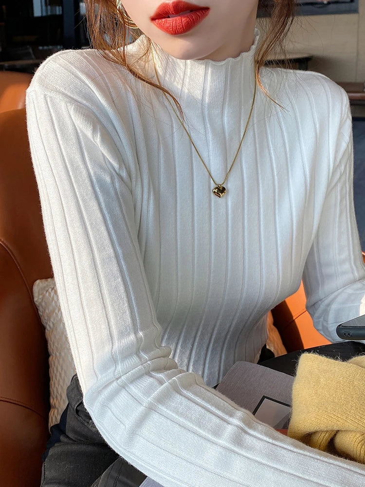Autumn Winter Knitted Ribbed Turtleneck Sweater Women Clothes 2025 Long Sleeve Slim Basic Pullover Woman Sweaters Solid Tops