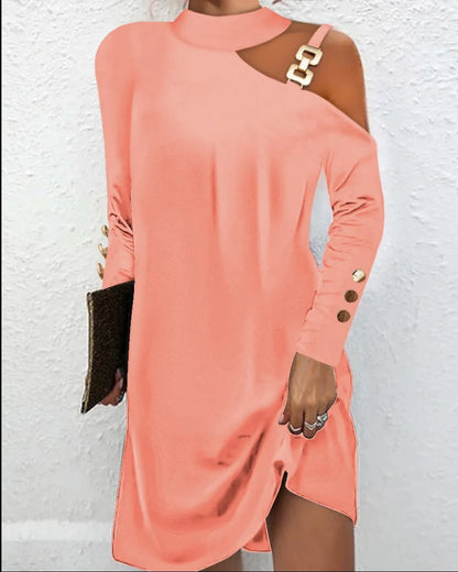Fashion Women Solid Casual Dress Autumn Winter Female Elegant Long Sleeve Metal Buckle Halter Neck Casual Mini Dress Robe Femme