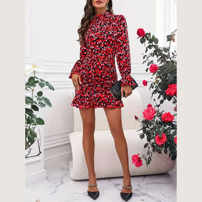 Spring And Autumn Women's Fashionable Red Mini Dress With Elegant Printed Pleated Long Sleeved Stand Up Collar Ruffle Edge Dress
