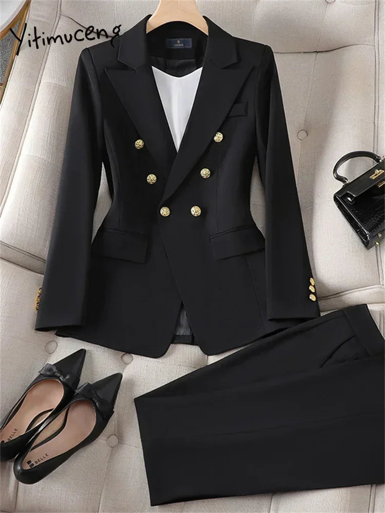 Yitimuceng Elegant Office Ladies Two Piece Sets Womens Outifits 2023 Double Breasted Long Sleeve Blazers Loose Casual Pant Suits