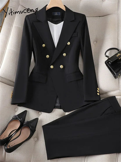 Yitimuceng Elegant Office Ladies Two Piece Sets Womens Outifits 2023 Double Breasted Long Sleeve Blazers Loose Casual Pant Suits