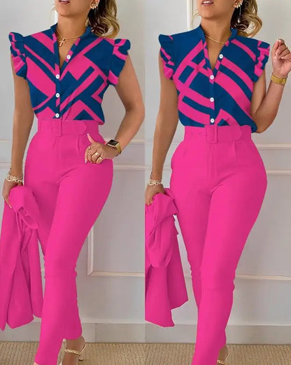 Two Piece Sets Womens Outifits 2023 Summer Fashion Geometric Print Flutter Sleeve Stand Collar Top & Pocket Pants Set with Belt