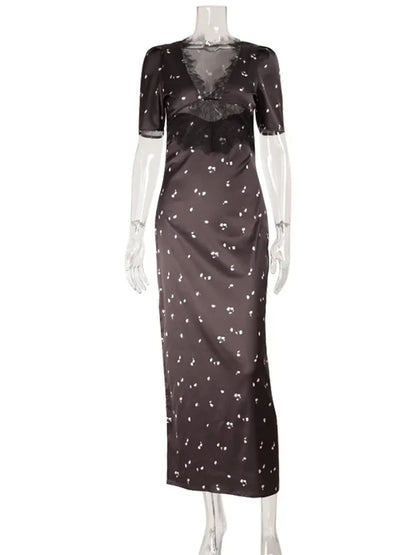 Eelgant Dresses For Women Patchwork Lace Floral V-Neck Short Sleeves Slim Fit Bodycon Trend Sheath Femlae Vestidos Robes