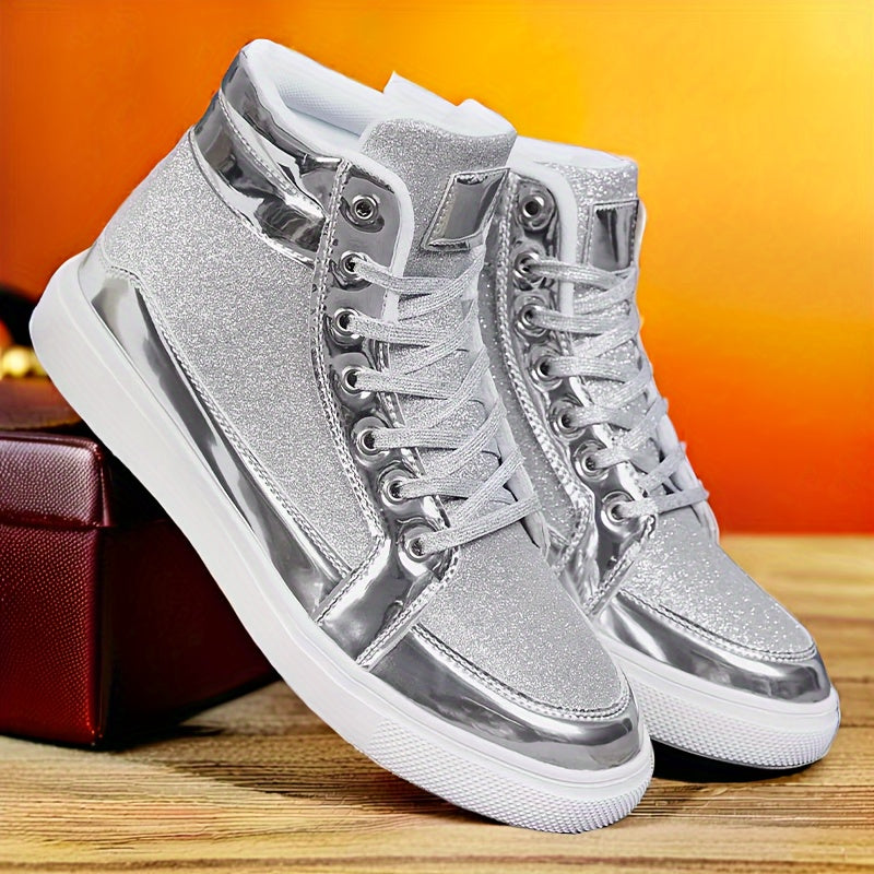 Glitter Gold Men's Shoes, Glitter High Top Fashionable Shiny Sports Shoes, Gold Party Casual Disco Men's Shoes, Silver Glittering Gold, Designer Retro