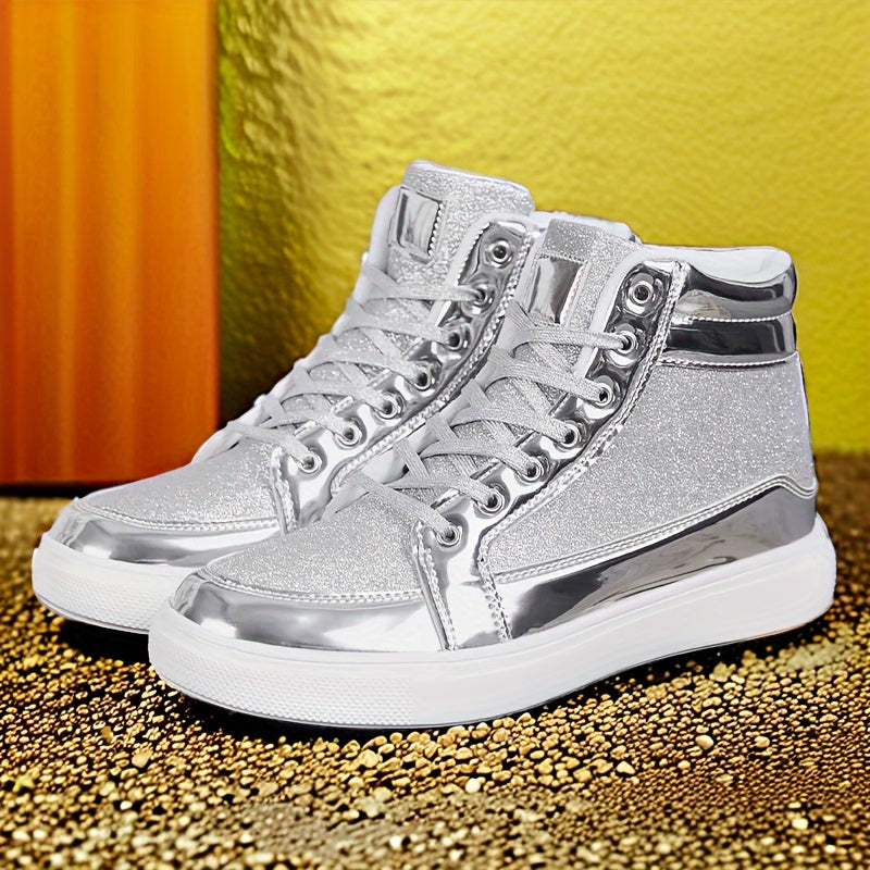 Glitter Gold Men's Shoes, Glitter High Top Fashionable Shiny Sports Shoes, Gold Party Casual Disco Men's Shoes, Silver Glittering Gold, Designer Retro