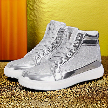 Glitter Gold Men's Shoes, Glitter High Top Fashionable Shiny Sports Shoes, Gold Party Casual Disco Men's Shoes, Silver Glittering Gold, Designer Retro