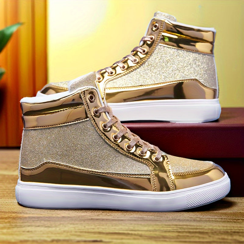 Glitter Gold Men's Shoes, Glitter High Top Fashionable Shiny Sports Shoes, Gold Party Casual Disco Men's Shoes, Silver Glittering Gold, Designer Retro