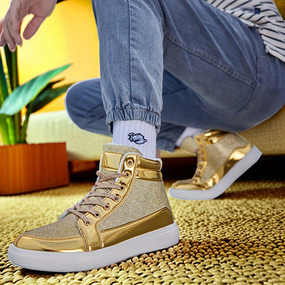 Glitter Gold Men's Shoes, Glitter High Top Fashionable Shiny Sports Shoes, Gold Party Casual Disco Men's Shoes, Silver Glittering Gold, Designer Retro